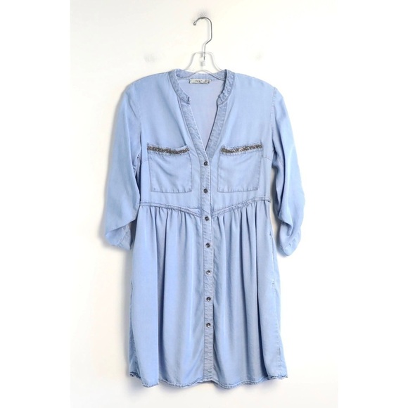 Dex chambray dress roll tab sleeve XS glitter pockets trim short mini tencel - Picture 2 of 9